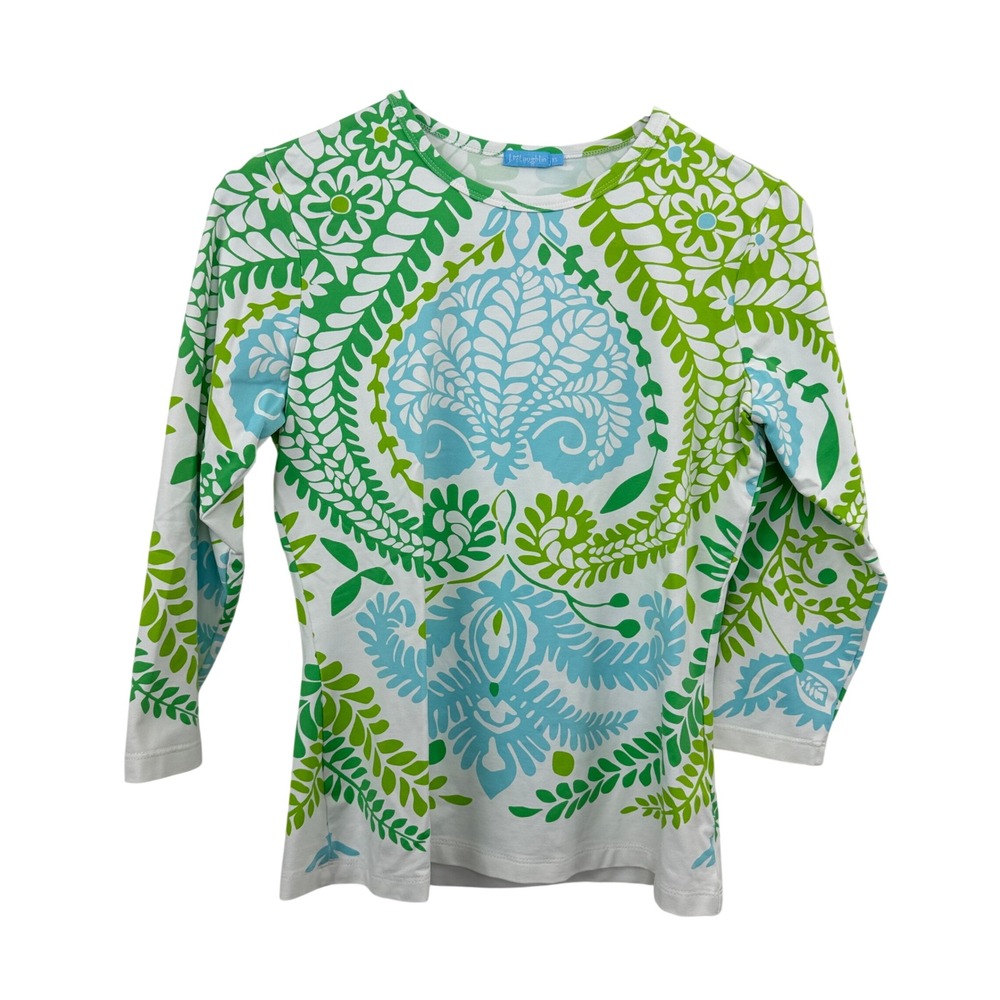 J.McLaughlin Top Womens XS White Green Blue Floral Smooth Stretch 3/4 Sleeve *